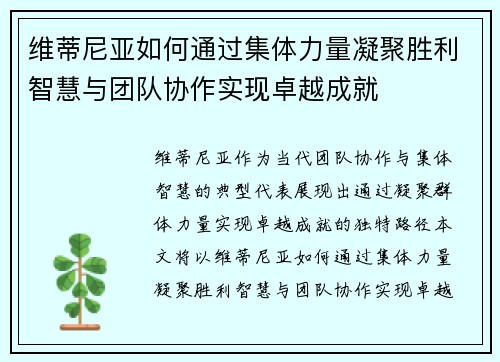 维蒂尼亚如何通过集体力量凝聚胜利智慧与团队协作实现卓越成就