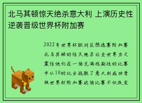 北马其顿惊天绝杀意大利 上演历史性逆袭晋级世界杯附加赛