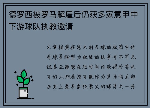 德罗西被罗马解雇后仍获多家意甲中下游球队执教邀请