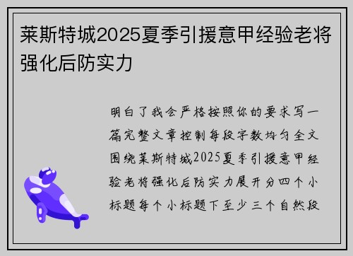 莱斯特城2025夏季引援意甲经验老将强化后防实力 莱斯特城2025夏季引援意甲经验老将强化后防实力