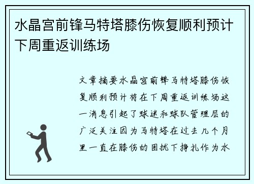 水晶宫前锋马特塔膝伤恢复顺利预计下周重返训练场